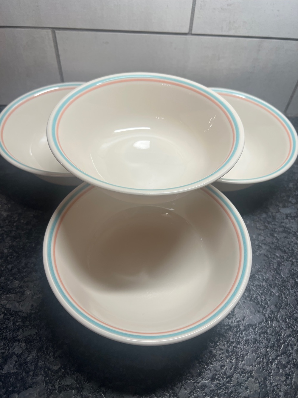 Set of 4 FOREVER YOURS Corelle Ceramic Bowls with Blue and Coral Rim. Like new